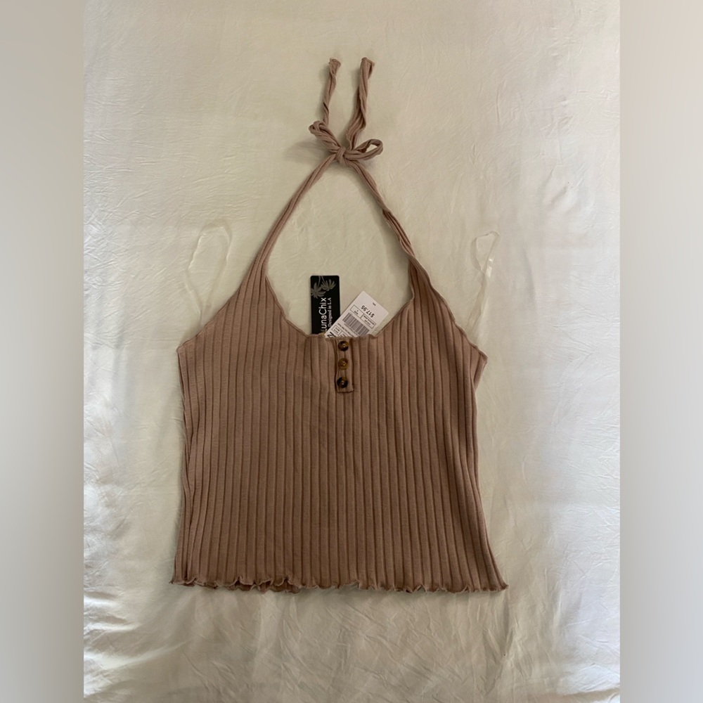 Brown Ribbed Tie Front Tank Top
